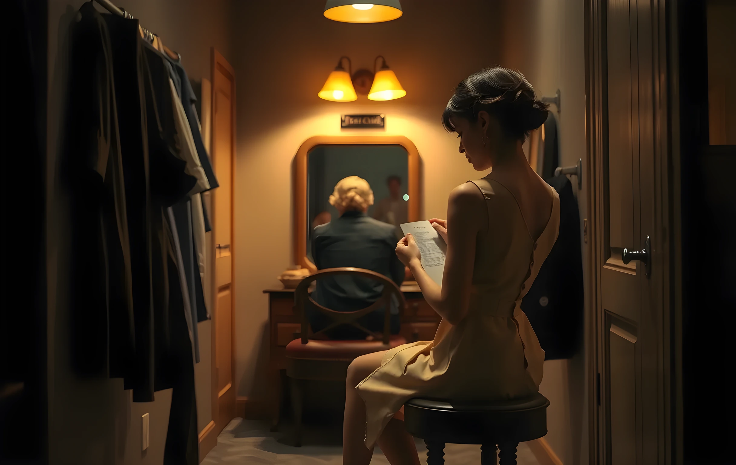 A closer medium shot inside a quiet theater dressing room, where a woman sits on a vintage vanity stool in the background, carefully pinning a script to a corkboard while warm amber lamplight pools around her shoulders and shadows of hanging costumes frame the space