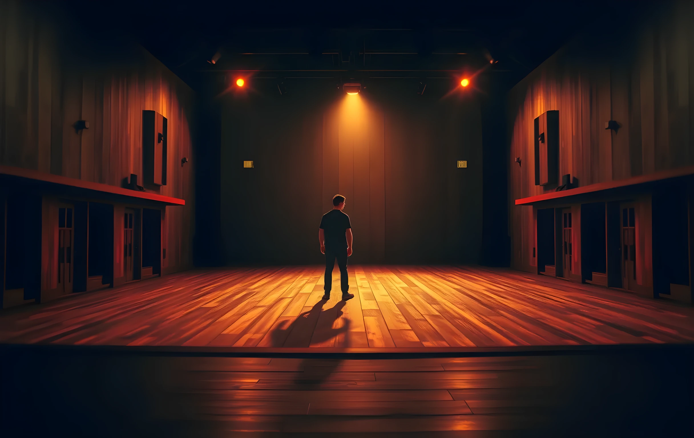 A quiet black box theater at dusk, empty wooden stage bathed in a single amber work light, a lone actor in dark rehearsal clothes standing center stage, long shadows stretching across the floorboards, cinematic depth of field