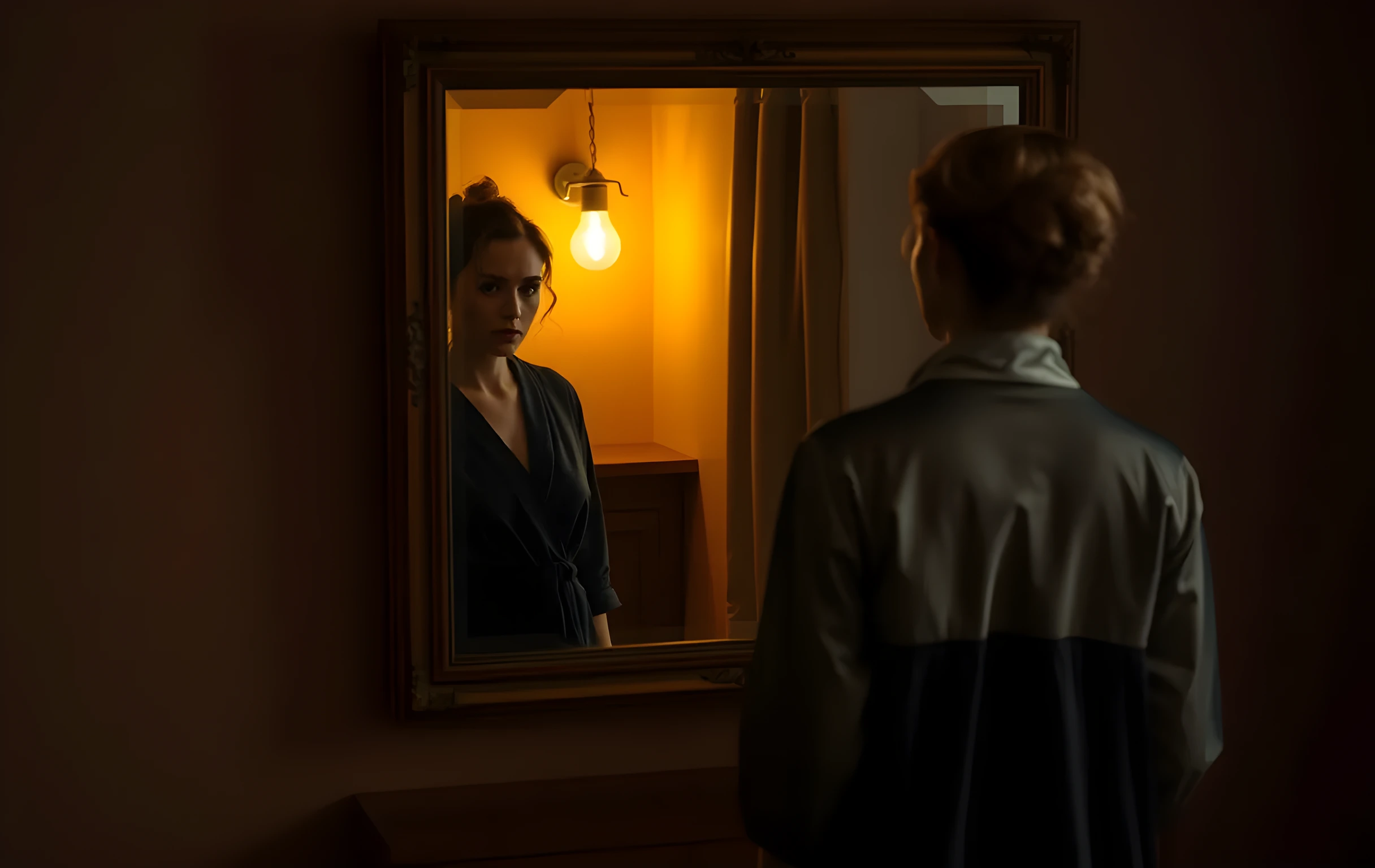 A woman actor in medium distance stands near a vintage vanity mirror, her reflection softly illuminated by a single warm bulb, a velvet robe draped over a wooden chair, dust motes floating in the quiet light, cinematic atmosphere, no close-up, no text