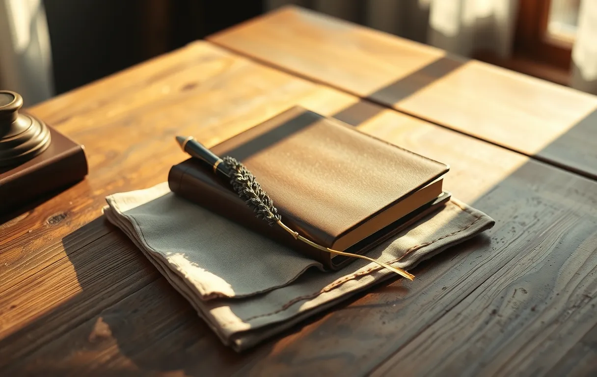 A weathered wooden desk bathed in golden afternoon light holds a single leather-bound journal, a brass pen rest, and a sprig of dried lavender resting on a linen cloth