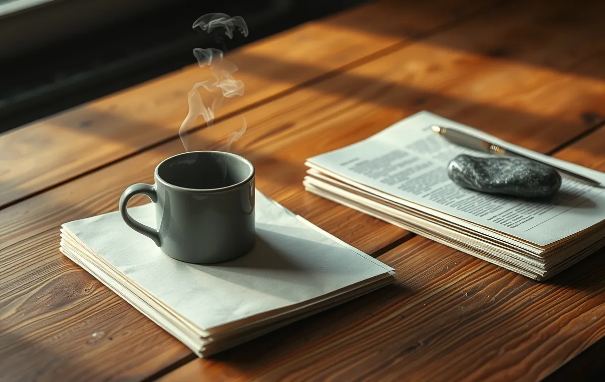 A ceramic mug steaming gently sits beside a stack of aged paper pages and a smooth river stone on a rustic oak table, with soft shadows stretching across the textured wood grain