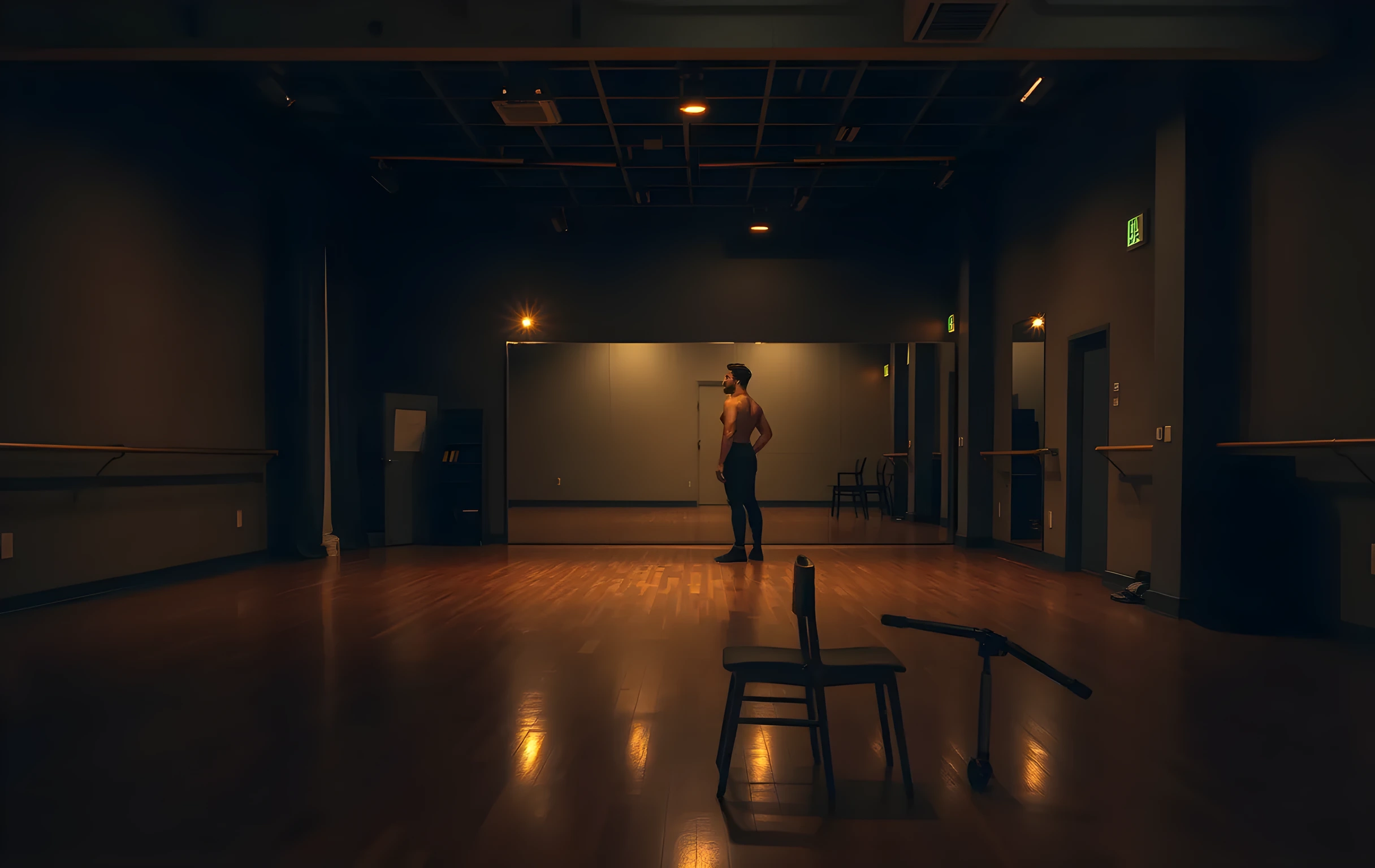 A dimly lit rehearsal studio at twilight, with tall wooden floors reflecting the warm glow of overhead work lights. A lone performer stands near a mirrored wall at a distance, practicing movement exercises while scattered chair props sit in the foreground
