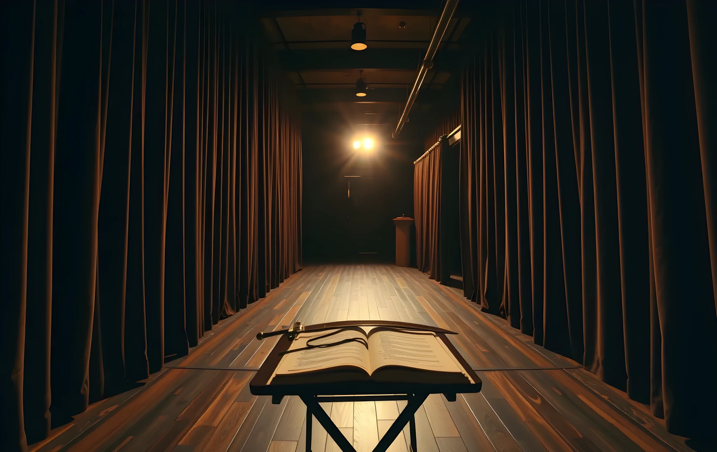 A quiet backstage corridor lined with worn velvet curtains, where a single wooden prop sword rests on a folding table beside a frayed stage script. Soft amber practical lamps cast long shadows across the textured floorboards