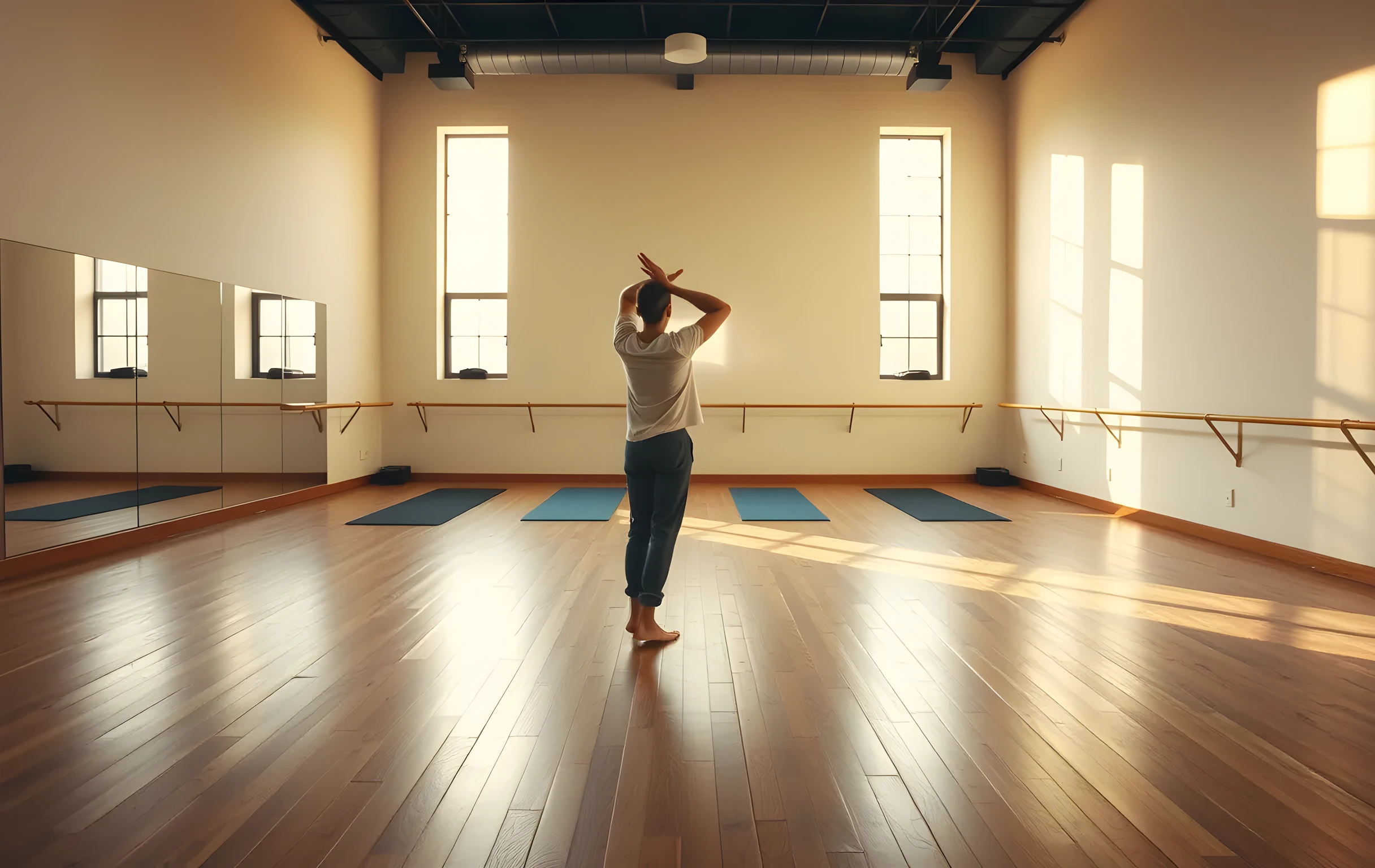 A sunlit, empty rehearsal studio at dawn, wooden floors reflecting soft light, a single actor standing center stage in loose rehearsal clothes, stretching toward a wall of mirrors that reflect the high windows and scattered yoga mats