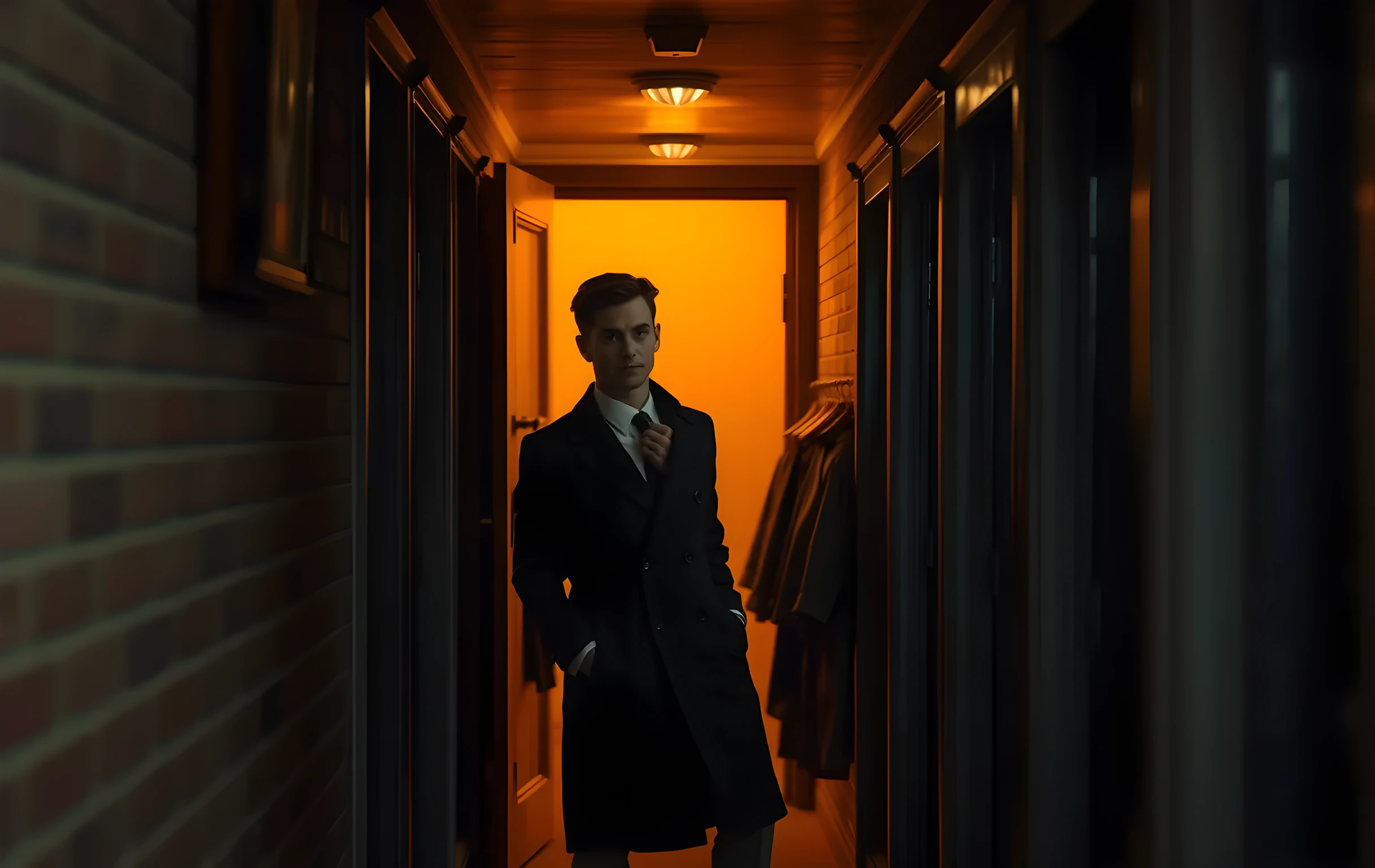 A narrow backstage corridor at dusk, warm amber light spilling from an open door, a single actor in a long coat leaning against a brick wall, adjusting the collar of a tailored jacket, with a row of vintage wooden coat racks fading into the shadows behind them
