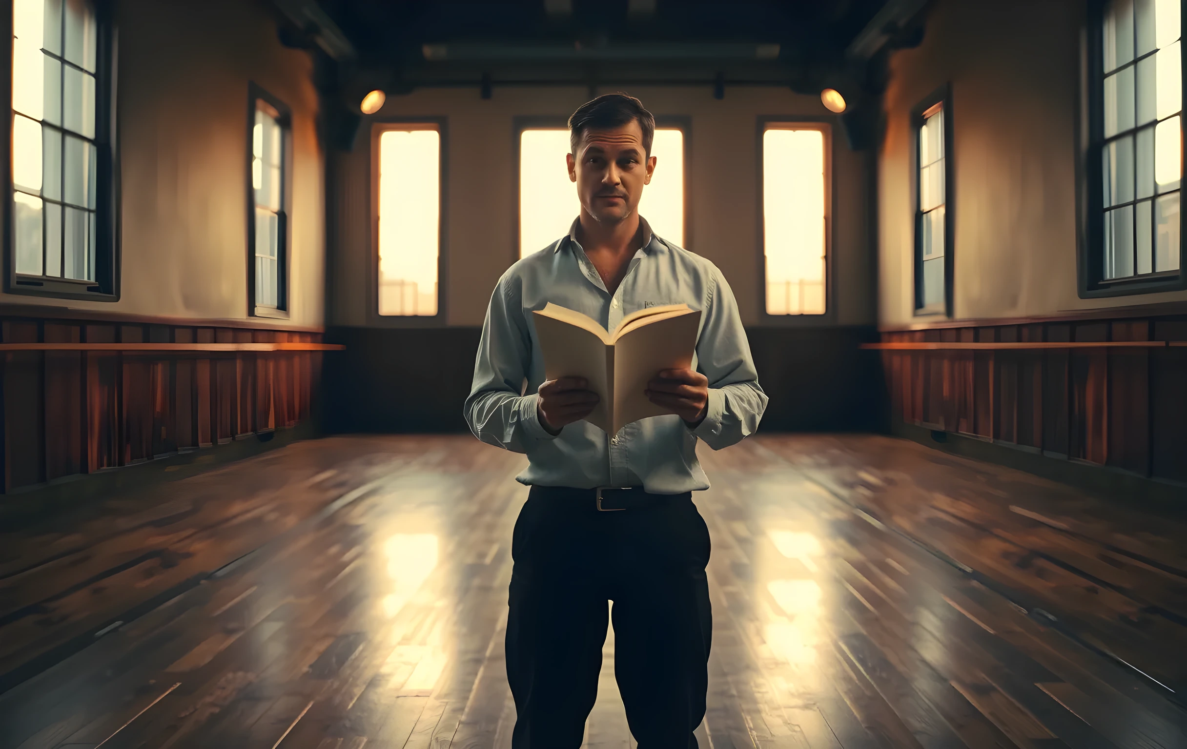 A dimly lit rehearsal studio at dusk, wooden floors reflecting the fading amber light from tall windows. A lone actor stands center stage in a loose linen shirt and black trousers, holding a worn script open with both hands, bathed in a single overhead work light that cuts through the dust in the air