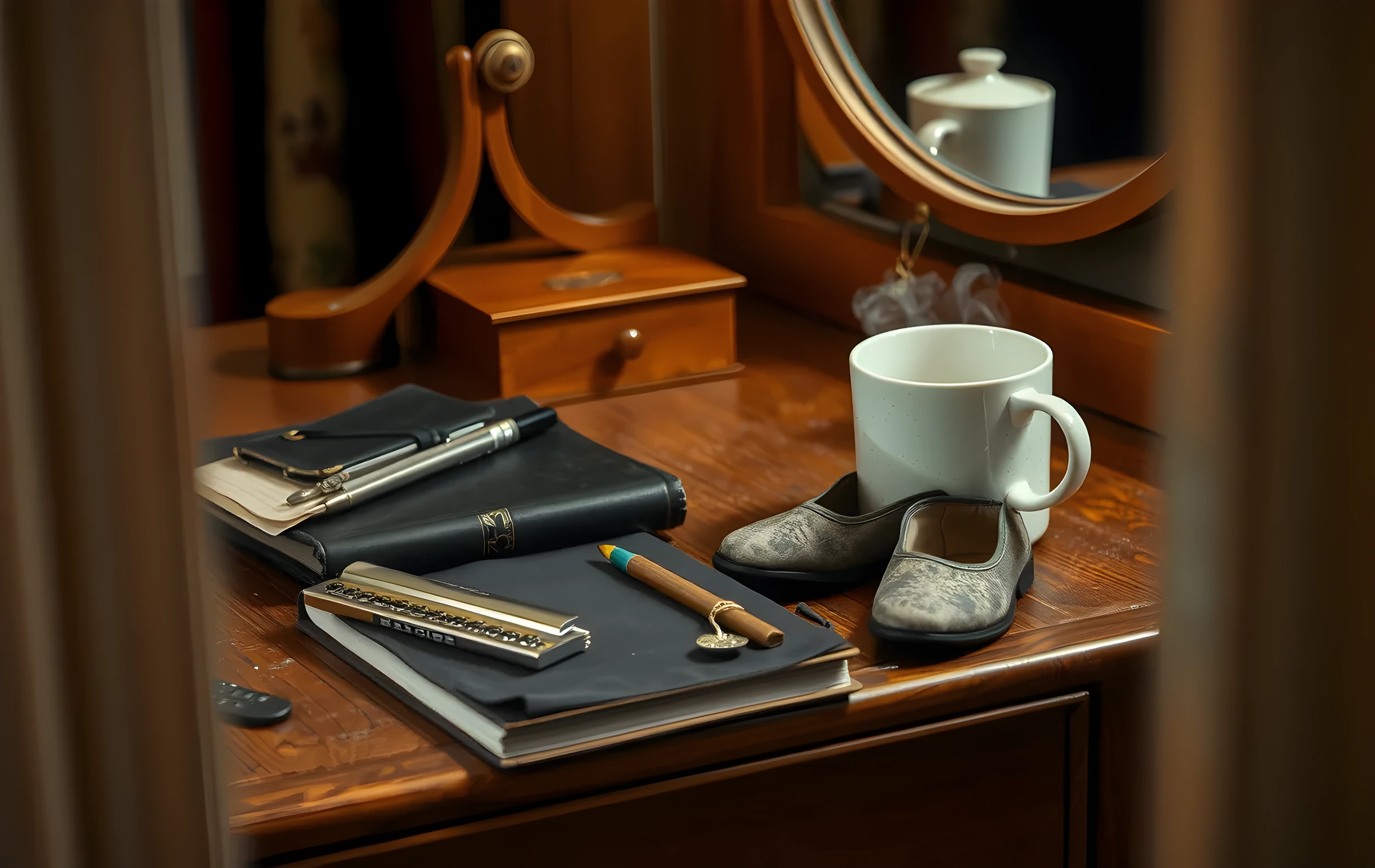 A weathered wooden dressing room table cluttered with professional acting materials: a brass harmonica resting beside a leather-bound journal, a pair of scuffed tap shoes arranged neatly on a velvet cloth, and a steaming ceramic mug catching the soft glow of a vanity mirror. The scene focuses tightly on the textures and arrangement of these items without showing any faces or hands