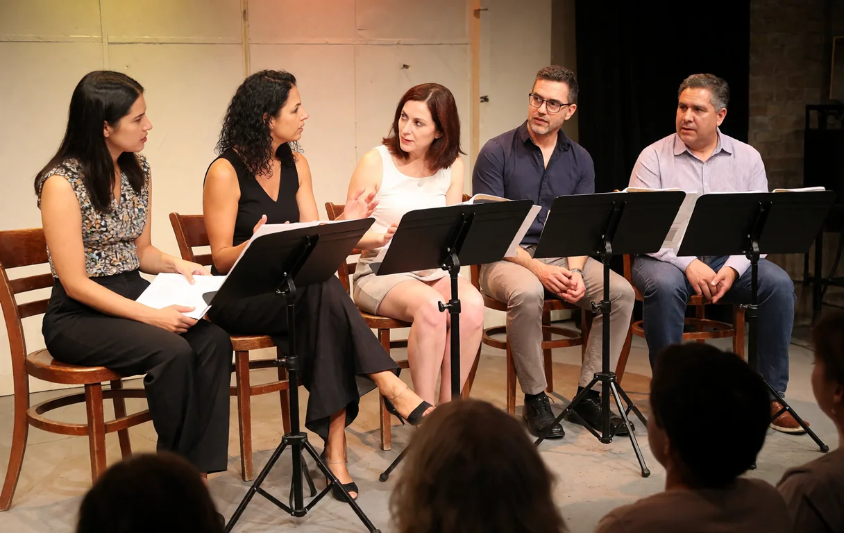 Illustration of a staged reading: five actors seated in a row on a small theatre stage, scripts on black music stands, reading to an audience