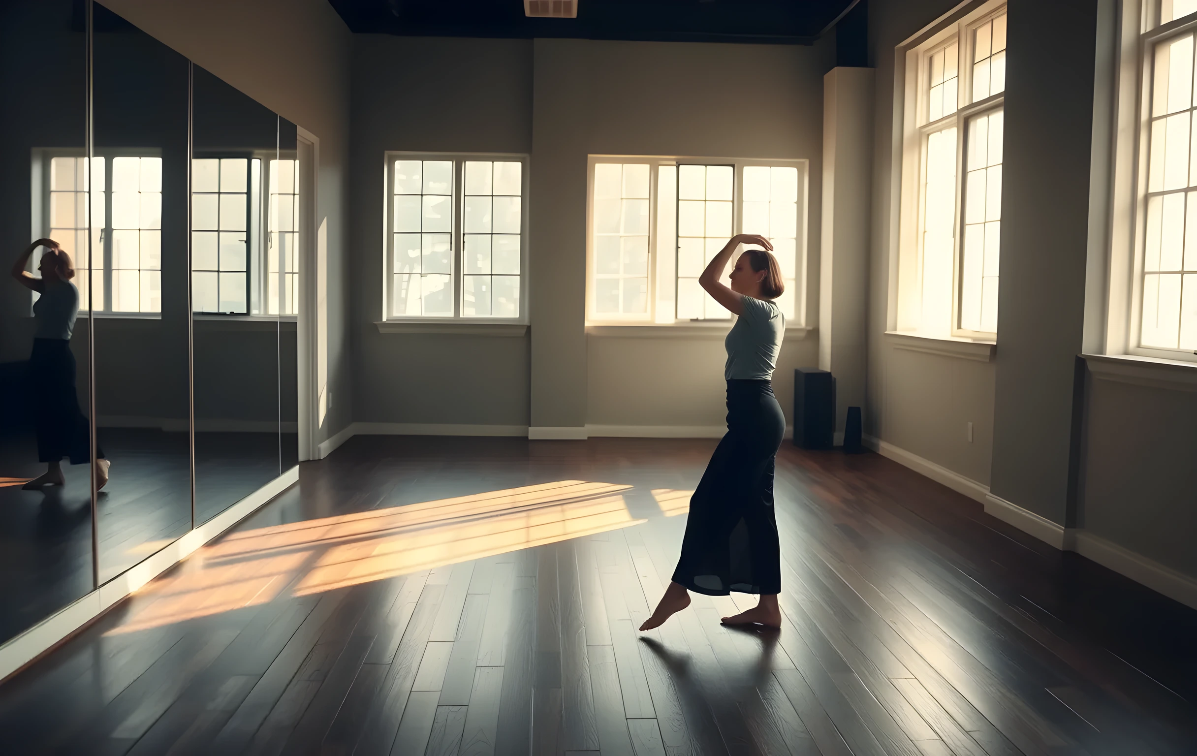 A dimly lit rehearsal studio with wooden floors and floor-to-ceiling mirrors reflecting a lone actress stretching near a window. Soft morning light spills across the empty space, highlighting dust motes dancing in the air while she practices vocal exercises at a distance from the glass