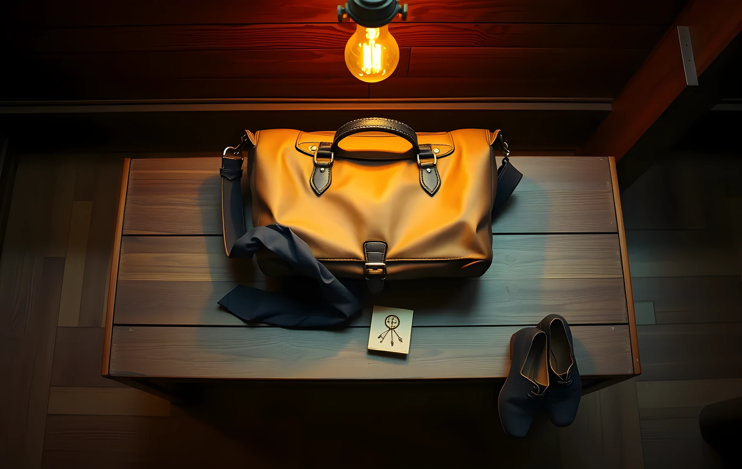 A weathered leather satchel resting on a wooden bench inside a theater dressing room, surrounded by a vintage costume pin, a silk scarf, and a pair of worn stage shoes. Warm amber light from a vanity bulb casts long shadows across the textured surfaces
