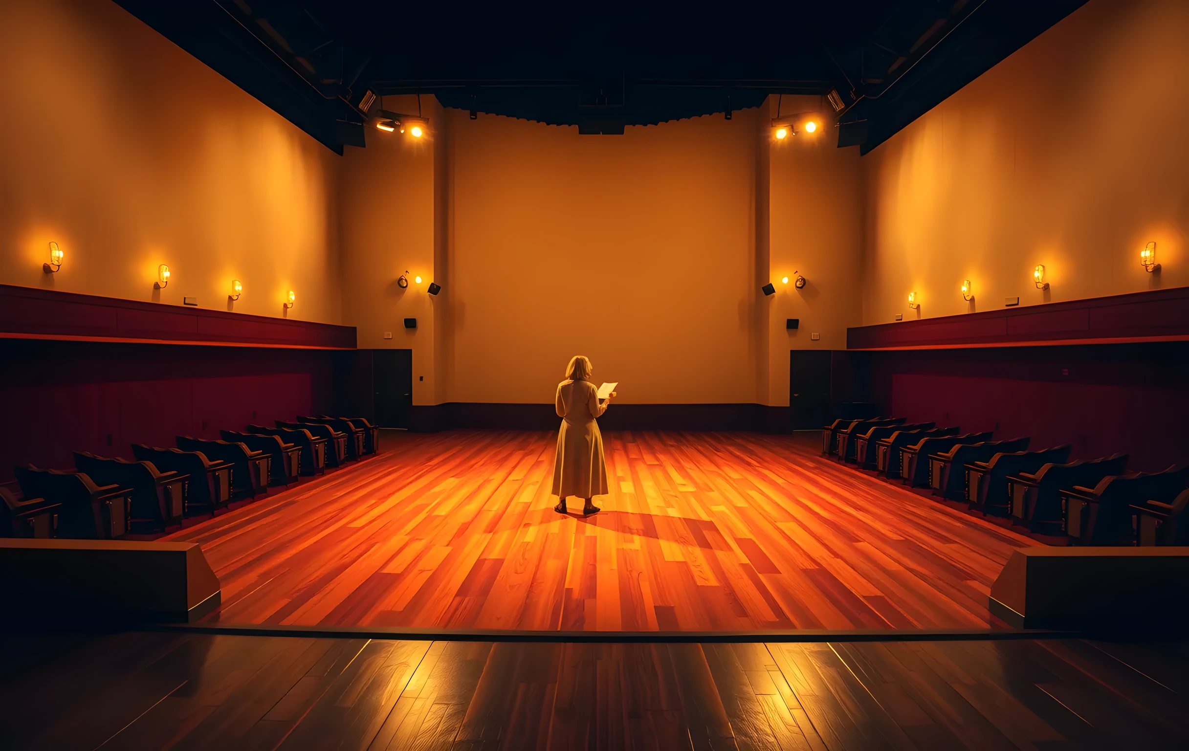 A wide cinematic shot of an empty theater stage at dusk, wooden floorboards catching golden hour light, a woman actor standing near the center holding a script, viewed from the back of the auditorium