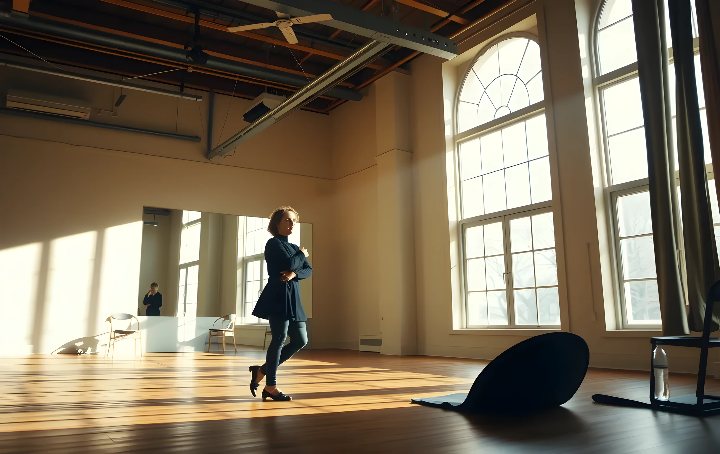 A closer medium shot inside a rehearsal studio, a woman actor standing near a large mirror practicing movement, soft morning light streaming through tall windows, scattered chairs and a water bottle on the floor