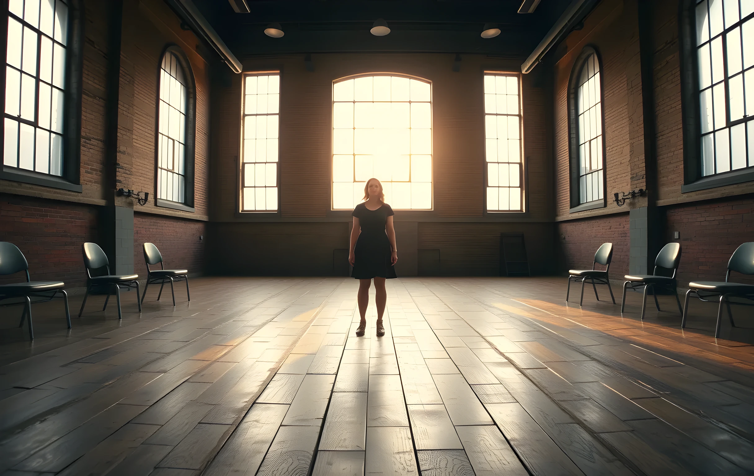 A wide shot of an empty rehearsal studio at dusk, sunlight streaming through tall windows onto a worn wooden floor, a single actor standing center stage with hands resting naturally at her sides, framed by exposed brick walls and scattered chairs