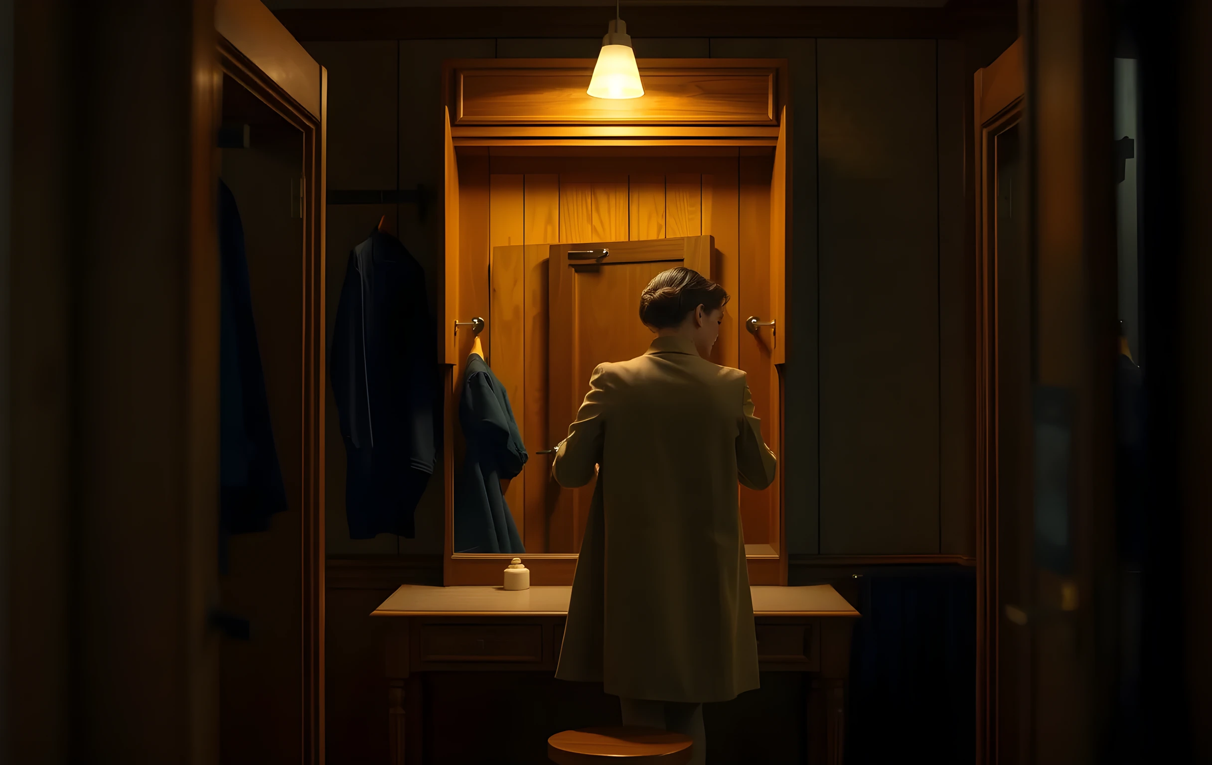 A closer detail scene of a vintage theater dressing room, a woman actor standing near a wooden vanity adjusting her coat, soft warm lighting catching the texture of the wood and a few hanging garments, framed at medium distance to keep her fully in view